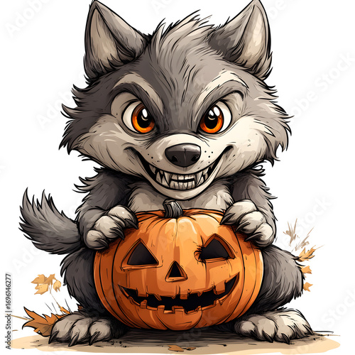 Cartoon werewolf holding pumpkin white isolated background, clear view, simple light. extra detail simple design clean look calm mood neat focus clear space for text easy style plain background natura