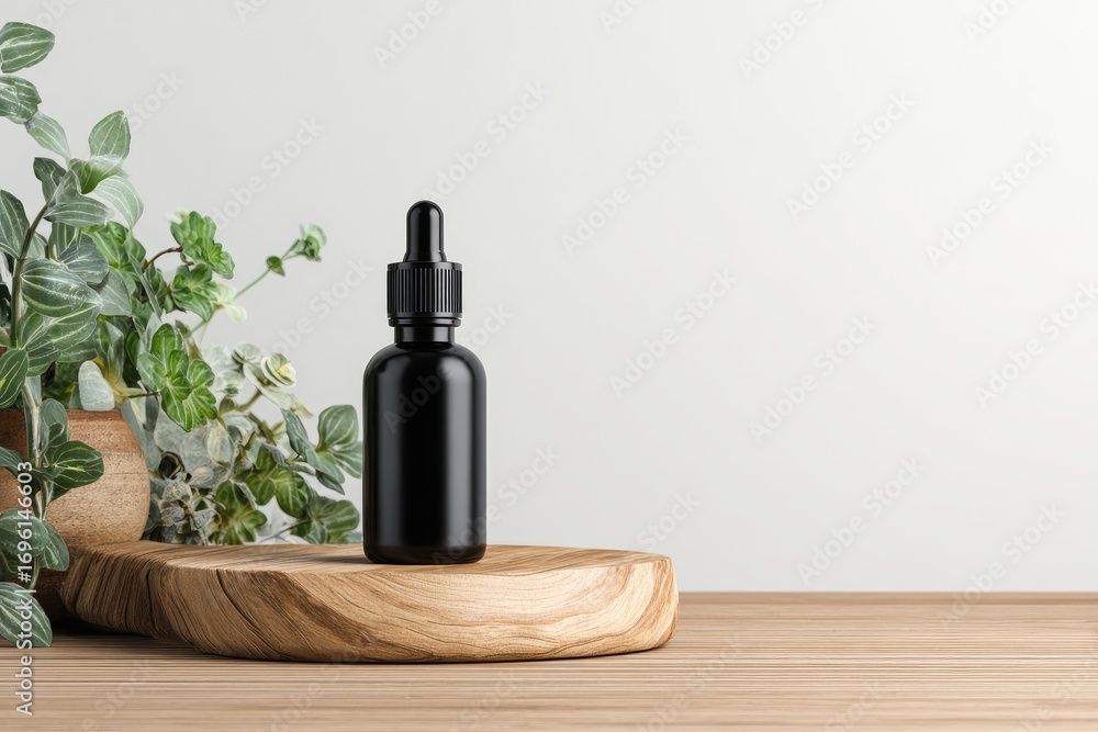 Naklejka premium Black bottle on wooden surface, surrounded by greenery