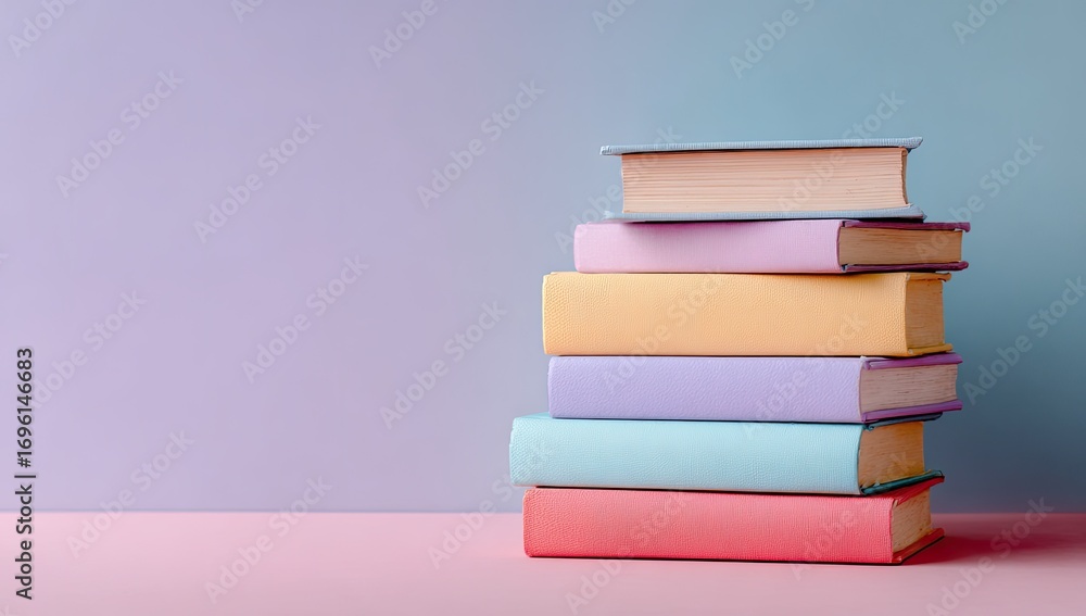 Fototapeta premium Pastel-colored books stacked against a gradient backdrop