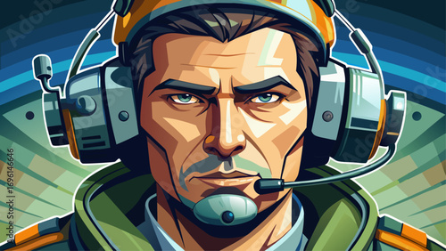 Close-up portrait of male helicopter pilot wearing headset. Isolated background symbolizes control, adventure, and skill.