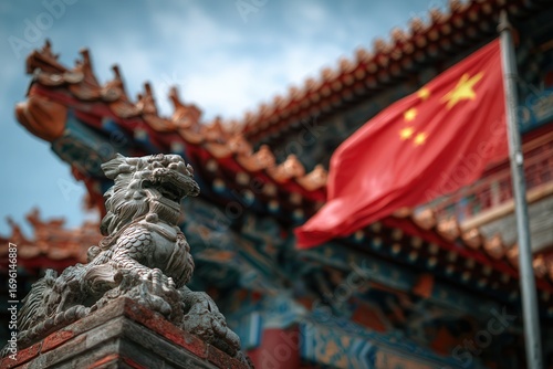 Chinese flag flying near a traditional temple with ornate dragon sculptures 