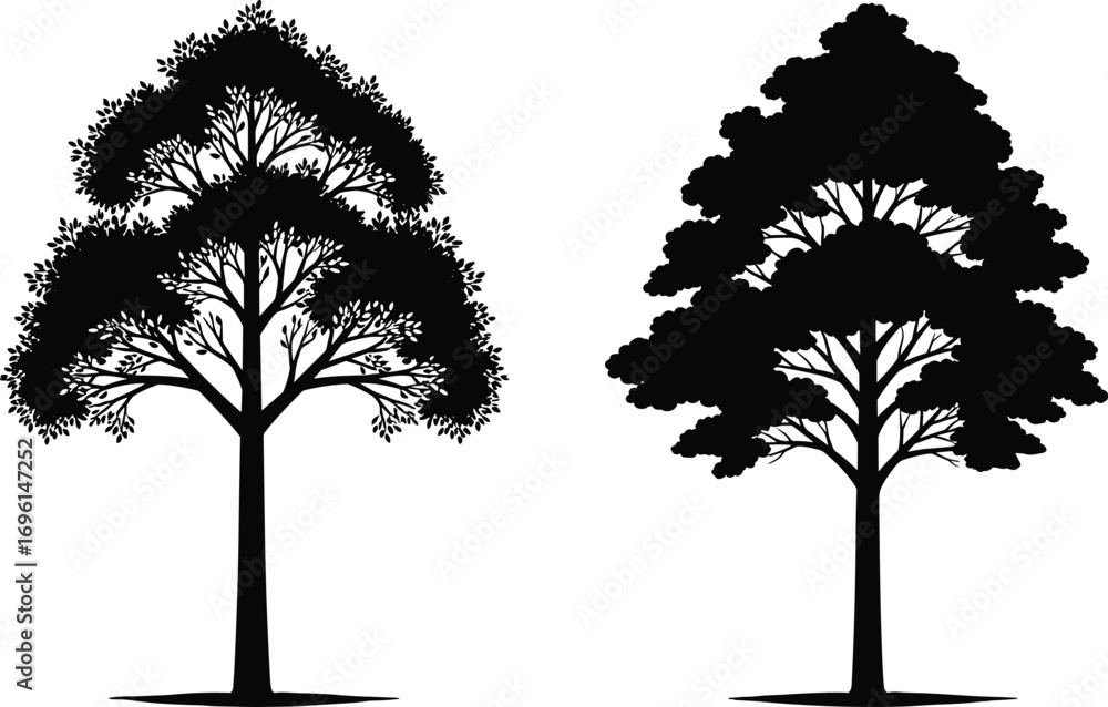 Obraz premium PBlack Silhouette Tree Vector Set with Distinct Canopy Shapes, Botanical Nature Art for Design, Print, and Educational Use