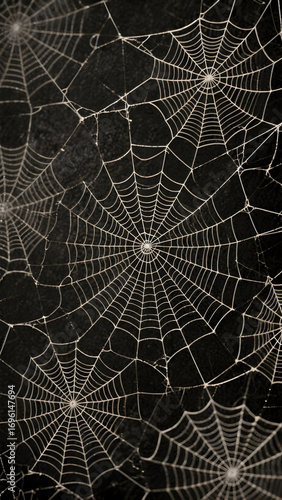 A spider web black background intricate pattern delicate natural geometric halloween spooky closeup texture fragile detailed eerie symmetrical thin