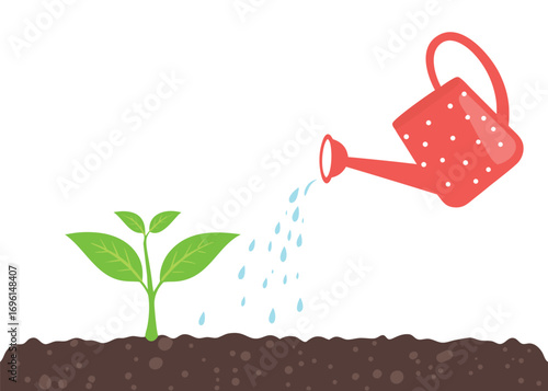 realistic young plant with watering can and water  drops eps