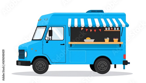 Side view of a stylized blue food truck