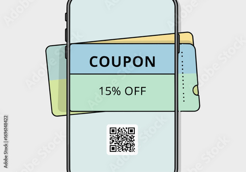 A smartphone displaying a digital coupon for 15% off, with a QR code at the bottom for redemption.