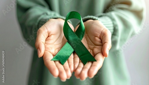Hands holding green awareness ribbon, symbol of mental health support and organ donation awareness