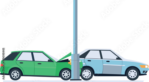 Accident scene between car and pole: A vector illustration depicting a car crash scenario where two vehicles collided with a pole, conveying the aftermath of a traffic incident.