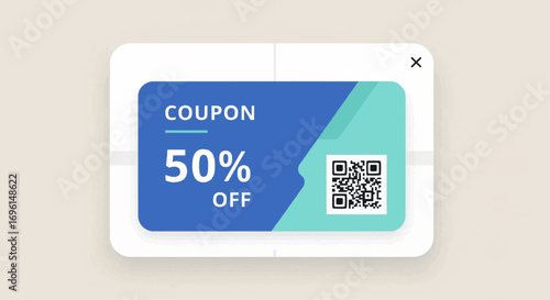 A digital coupon offering 50% off, featuring a QR code for easy scanning and redemption.