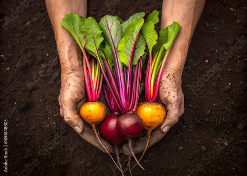 Hands holding freshly harvested colorful beets with vibrant green tops from garden soil