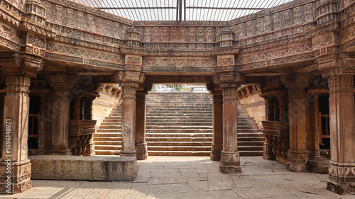 Adalaj Stepwell. It was built in 1498 in the memory of Rana Veer Singh of the Vaghela dynasty. Carved in Stone. Adalaj, Gandhinagar, Gujarat, India.