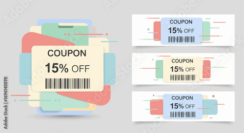 A set of modern coupon designs offering a 15% discount, featuring pastel colors, abstract shapes, and barcodes for retail promotions.