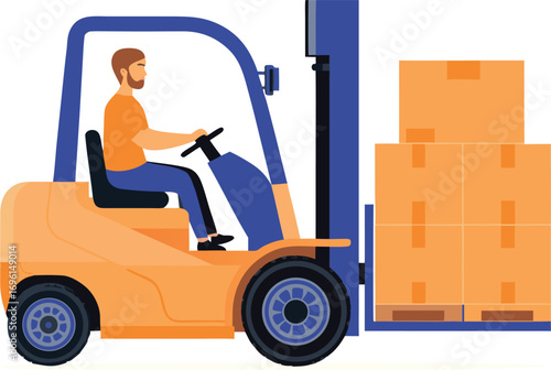 realistic forklift truck with driver and pile of boxes eps on white background