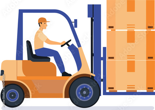 forklift truck with driver and pile of boxes eps on white background