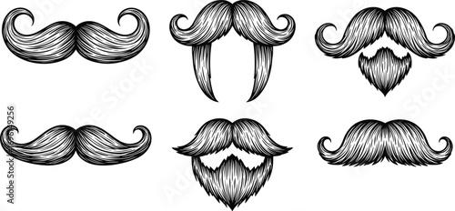 Vector Set of Mustache and Beard Styles in Black and White Featuring Curled, Pointed, Full, and Textured Facial Hair Designs