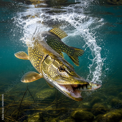Predatory Northern Pike Captures Prey Underwater in Dramatic Splash