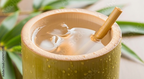 Refreshing bamboo cup filled with iced water and a natural bamboo straw