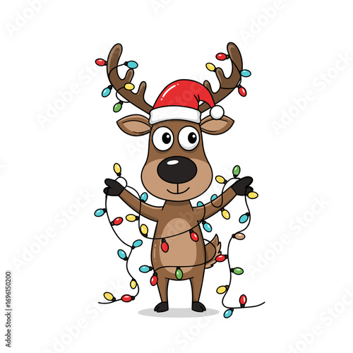 Cartoon reindeer wearing Santa hat holding colorful Christmas lights  