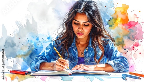 Artistic watercolor illustration of a creative young woman writing her thoughts and ideas in a journal