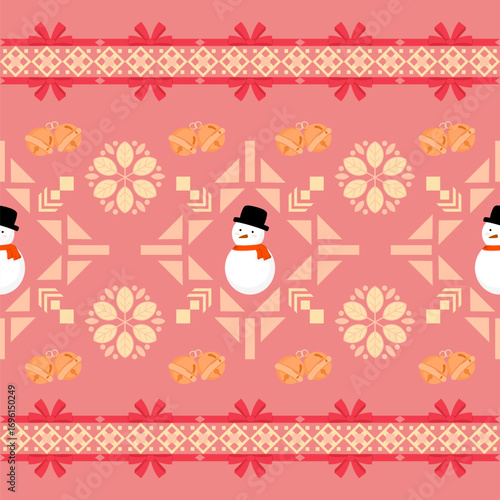 Seamless festive winter pattern with snowmen golden jingle bells and red ribbons on a pink background