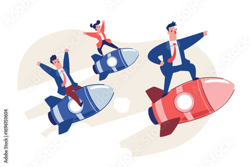 business team riding flying rocket to success