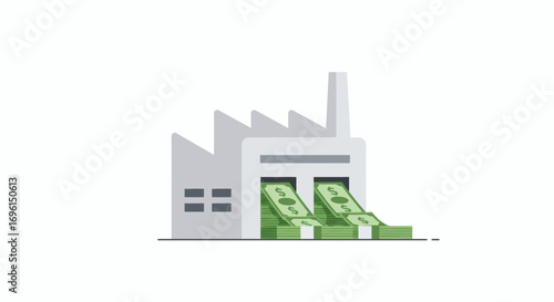 Factory producing money representing industrial economic output and production value