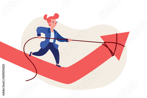 businesswoman pulling upward arrow graph with rope