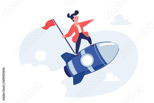 businesswoman with flag riding flying rocket to success