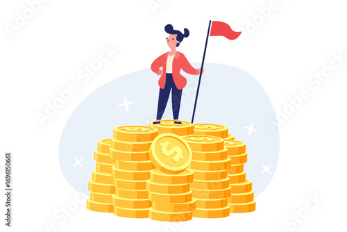 successful businesswoman holding flag on top of pile of gold coins