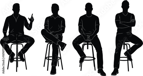 Seated Pose Silhouette Vector Set of Individuals on Stools for Body Language, Character Design, Ergonomics, and Conceptual Art Use"