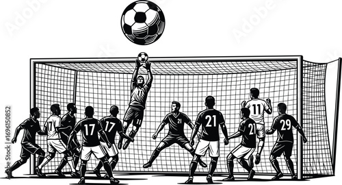 Soccer Goalkeeper Save Silhouette Vector with Players in Action Near Goalpost for Sports, Match Moment, and Design Use