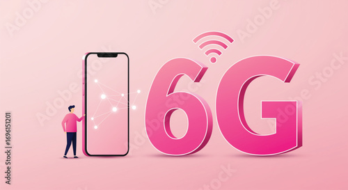 A modern illustration depicting a person interacting with a smartphone displaying a 6G network connection. EPS Vector