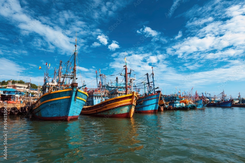 Obraz premium Colorful fishing boats docked in a harbor under a sunny partly cloudy sky