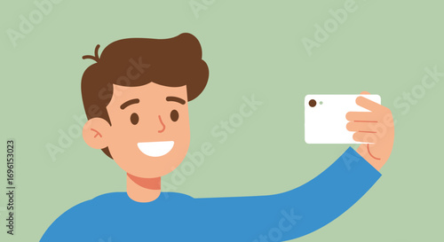 Smiling Cartoon Man Taking a Selfie with Phone.