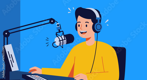 Smiling Podcaster with Microphone and Headphones.