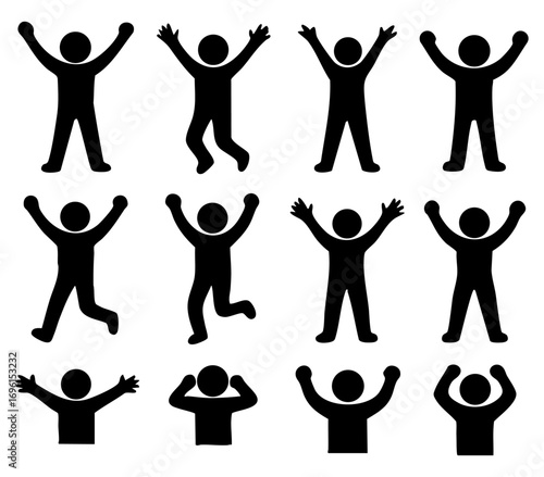 Human silhouette set with various poses, joyful and cheering gestures, black figure symbol design, isolated person icon illustration