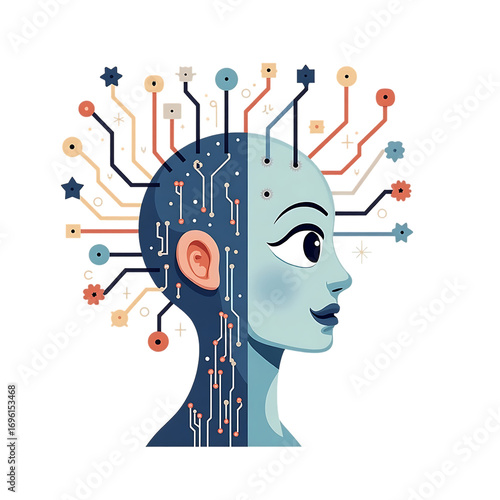 a human face merging with a digital circuit board