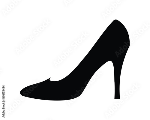 Elegant black high heel shoe silhouette isolated against a white background.