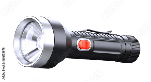powerful led flashlight 3d model realistic design, bright beam, emergency light, isolated on transparent background
