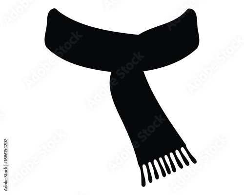 Stylized silhouette of a black winter scarf with a fringe, isolated on white