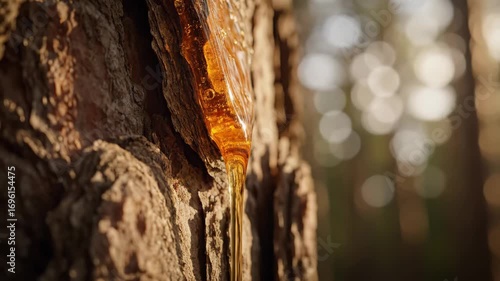 Golden resin drop on pine tree bark shows natural amber in sunny forest this beautiful organic sap is a great symbol of nature this is a very peaceful and warm outdoor scene