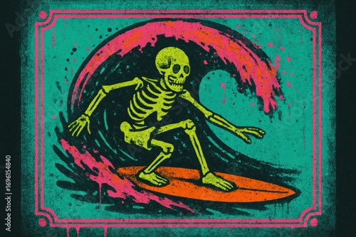 Skeleton surfing neon waves in Halloween theme poster. Use for seasonal marketing, extreme sports ads, surf shop promotions, and spooky event posters. 
