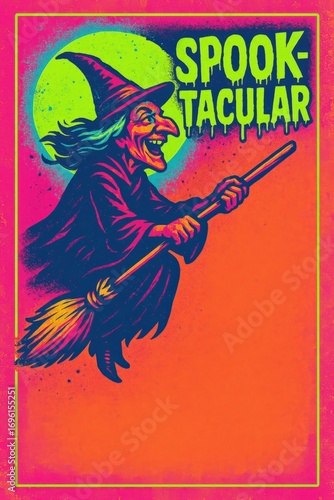 Flying witch with glowing Spooktacular text and copy space. Use for Halloween parties, spooky branding, horror posters and event promotion.  
