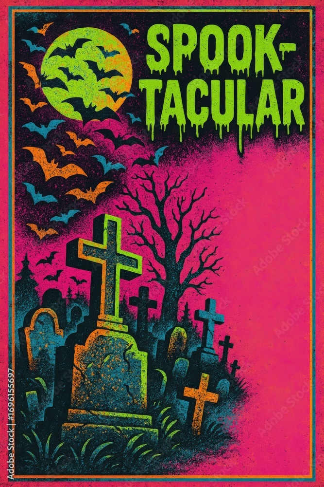 Obraz premium Spooktacular Halloween cemetery with bats and copy space perfect for horror marketing, haunted attractions, gothic themes and spooky promotions