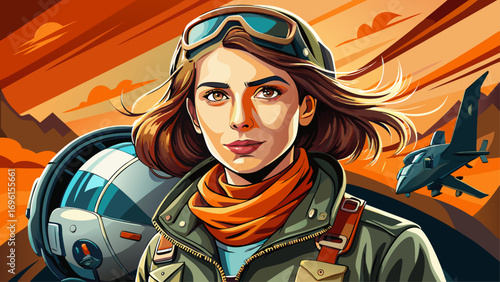 Close-up portrait of female helicopter pilot holding helmet. Isolated background highlights confidence, determination, and aviation passion.
