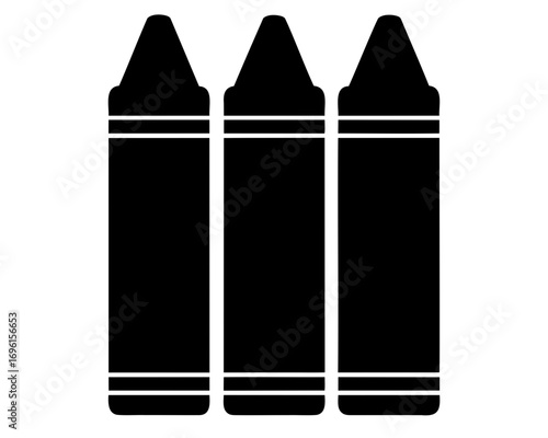 Three monochromatic crayons standing together in a minimalist design illustration