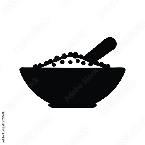 Black and white drawing of a bowl of food with a spoon