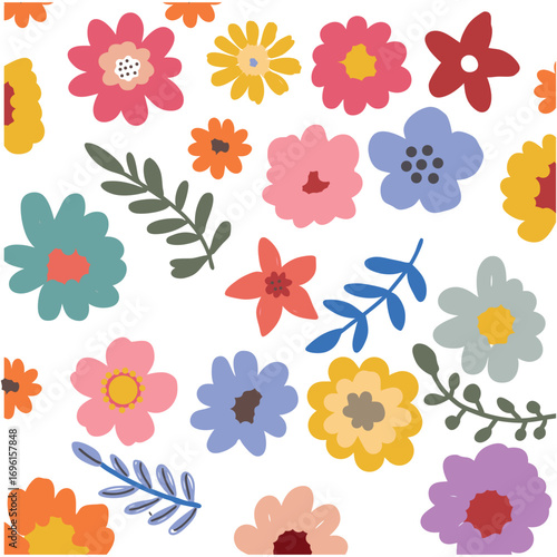 Seamless hand-drawn flowers pattern. Vector  botany spring flowers in elements. Design for fabric,wallpaper, posters, print, binding.