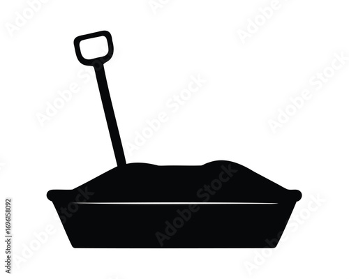 Black and White Silhouette of a Sandbox Filled with Sand and Shovel