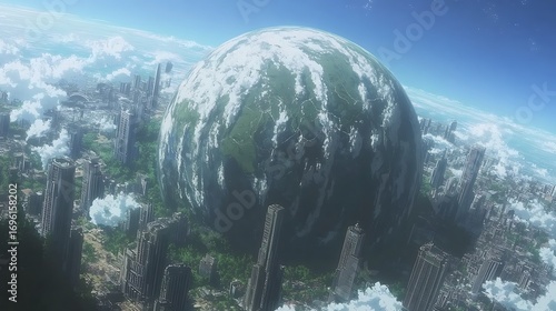 A futuristic city sprawls across the landscape beneath a colossal, Earth-like planet hanging in the sky